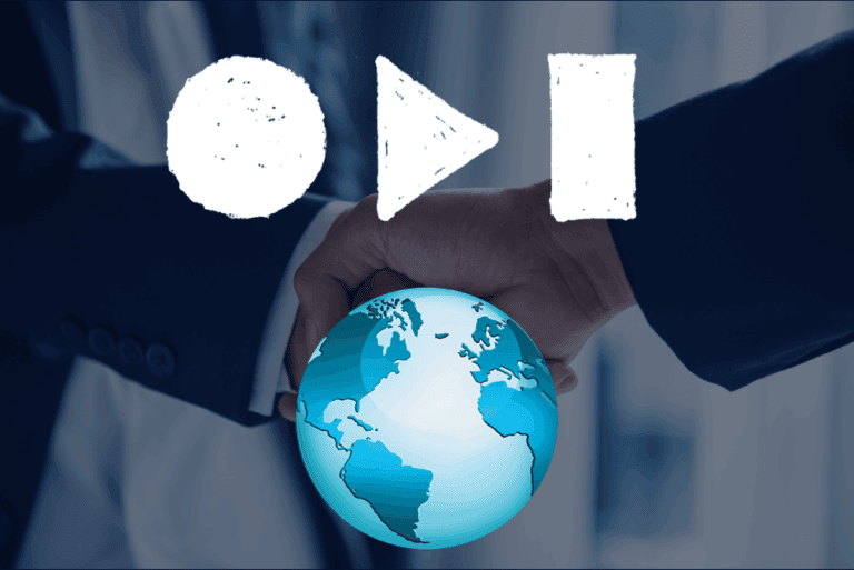 Business professional holding a globe with media icons above, representing global services.